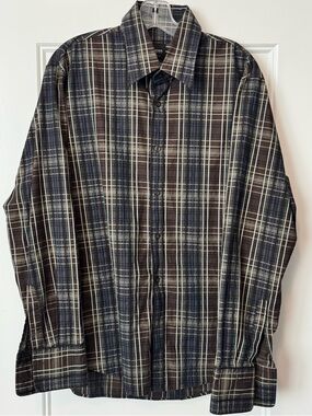 Hugo Boss Plaid Button Down Shirt Mens Large Slim Fit Brown Blue Long Sleeve
